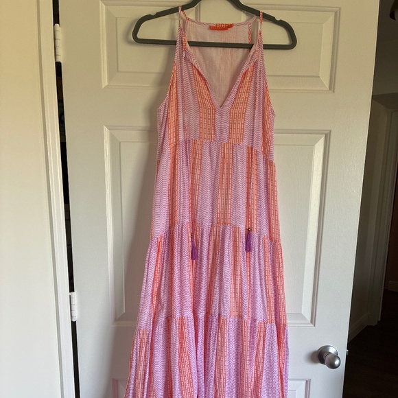 Oliphant coral pink and white block print tiered cotton tassle tie maxi dress S - Picture 3 of 13